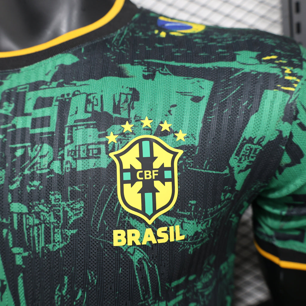 Maillot Brésil Édition Spéciale "São Paulo" – Noir & Vert avec Motifs Architecturaux