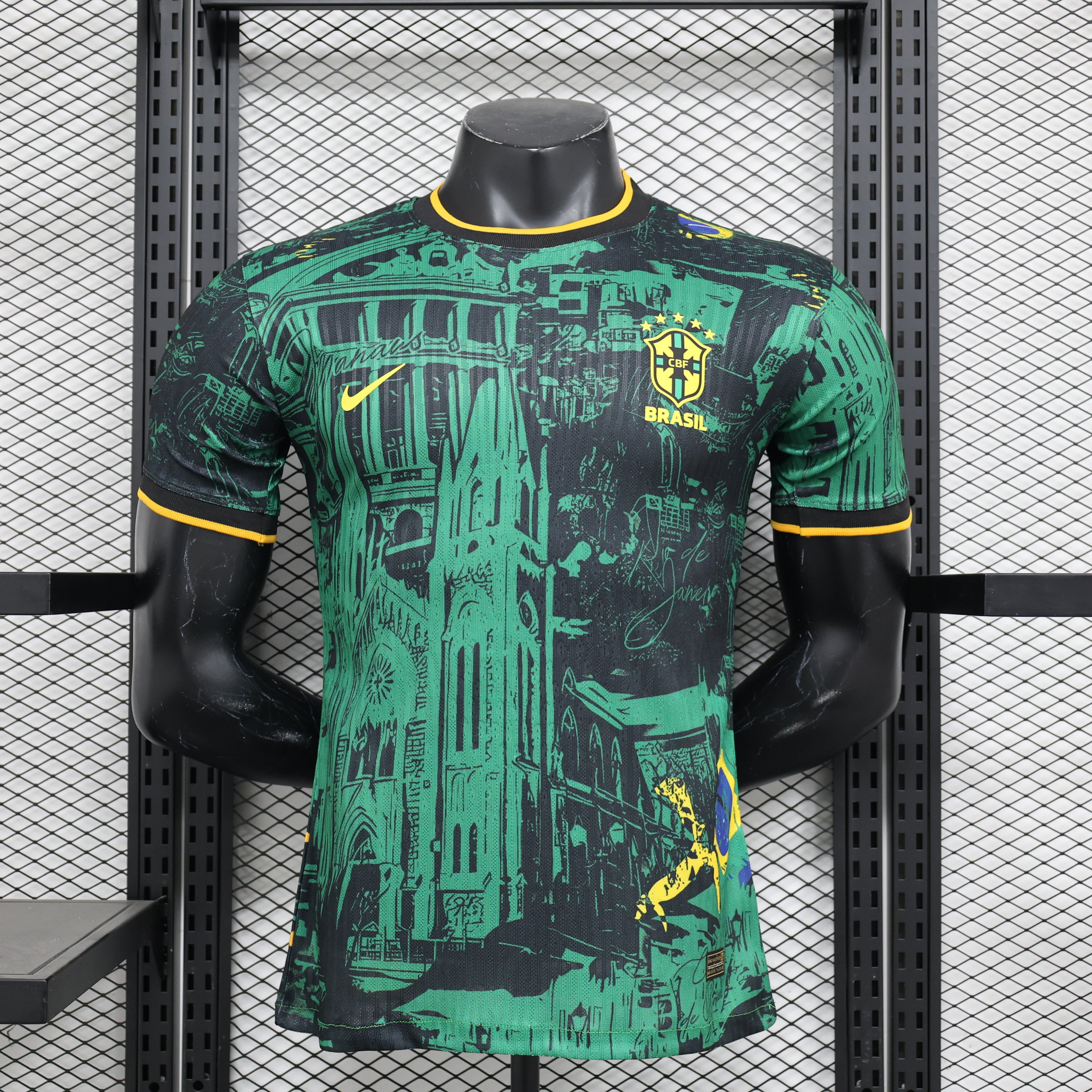 Maillot Brésil Édition Spéciale "São Paulo" – Noir & Vert avec Motifs Architecturaux
